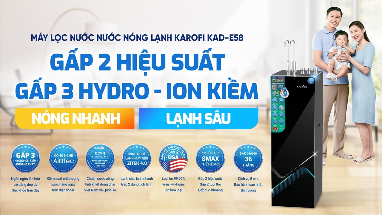 Máy lọc nước 12 lõi nóng lạnh nguội Karofi KAD-E58